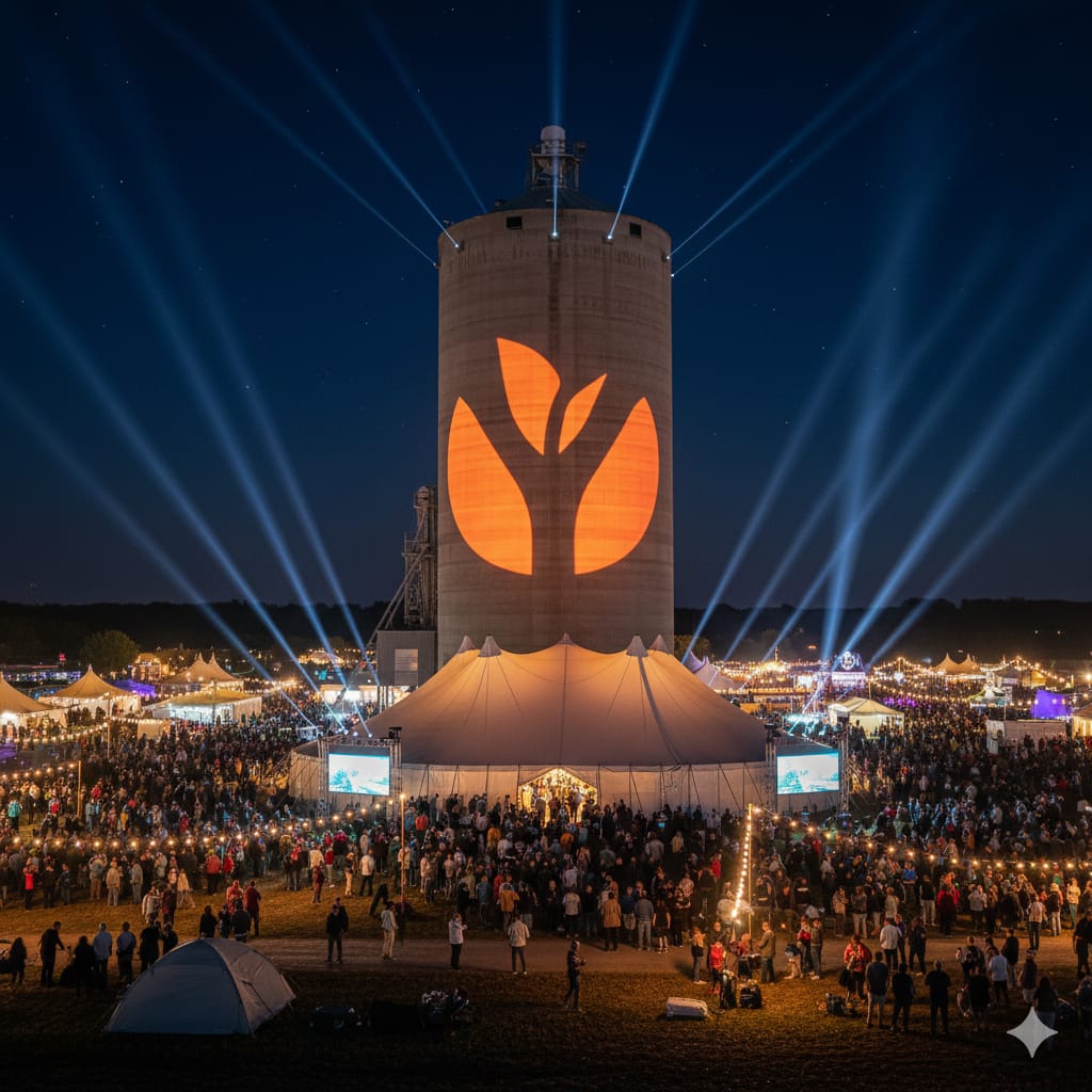 Le Silo de Joigny avec le logo YNOVAE projeté et la foule